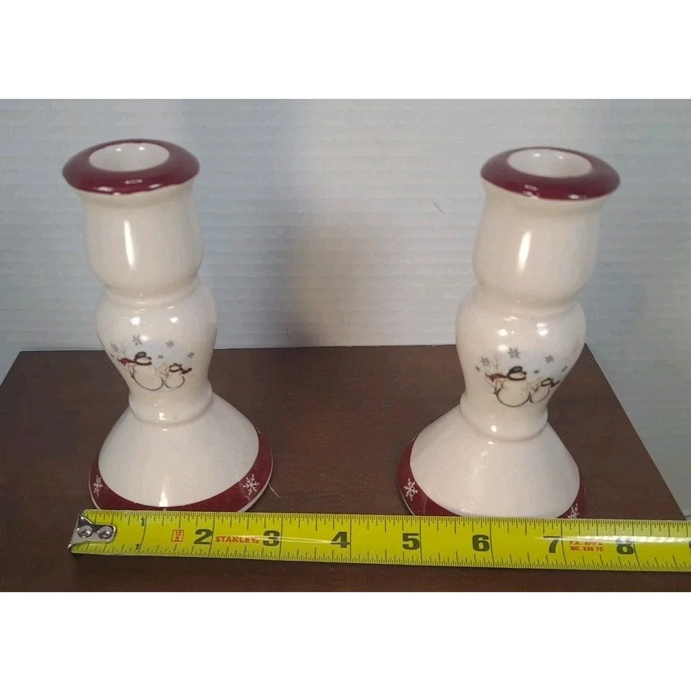 Set of 2 Royal Seasons Stoneware Jolly Snowman Candle Holders‎ Sticks 5-1/4